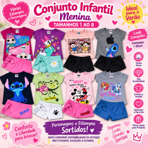 Conjunto Infantil Menina Verão Feminino Personagens Tamanho 1 ao 8 Estampas Sortidas