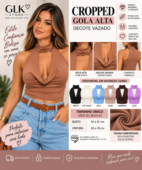 Cropped Feminino Gola Alta Decote Vazado