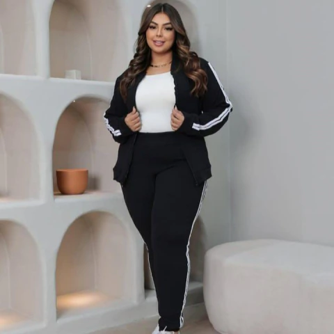 Conjunto com Listra/ Zíper feminino plus size Casual Outono/Inverno G1