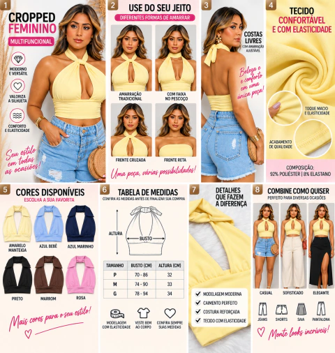 Cropped Feminino Frente Única com Amarração - Decote Halter
