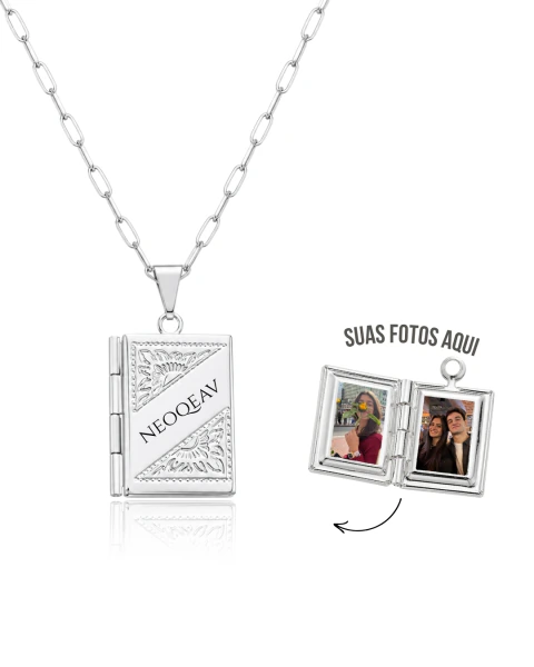 Colar Relicário Livro Flor Personalizado com foto - Prata