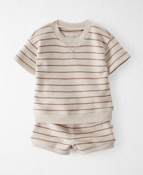 Set 2 piezas. Remera y short tejido, rayas, beige. Algodón orgánico - Little planet by Carter's