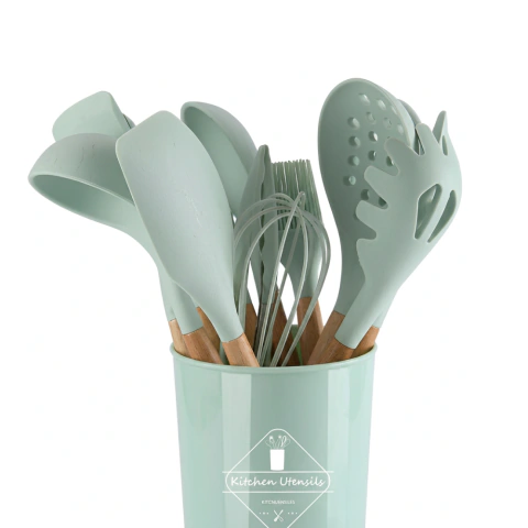 Kit C/12 Utensílios De Cozinha Silicone Cabo Madeira