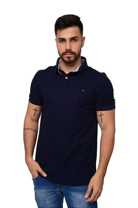 Polo Tommy Hilfiger Masculina Malha Clean Jersey Azul Marinho