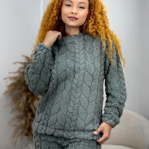 Conjunto Teddy Feminino Peluciado Sem Capuz Inverno Quentinho Macio Casual J091ITK