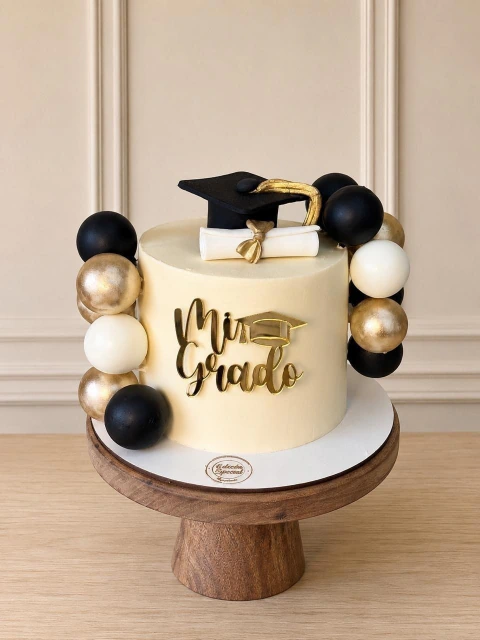 Torta Grado Moderna con Esferas Negro Doradas y Birrete