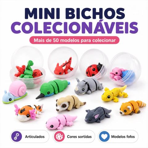 Mini Bichos Articulados 3D Surpresa | Bola com 4 Mini Animais | +50 Modelos Colecionáveis
