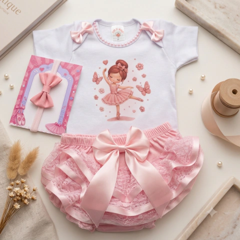 Kit Body Bailarina Luxo Bebê com Calcinha Bunda Rica e Faixa de Cabelo