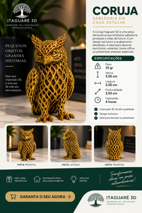 Coruja Dourada Decorativa 3D Escultura Premium