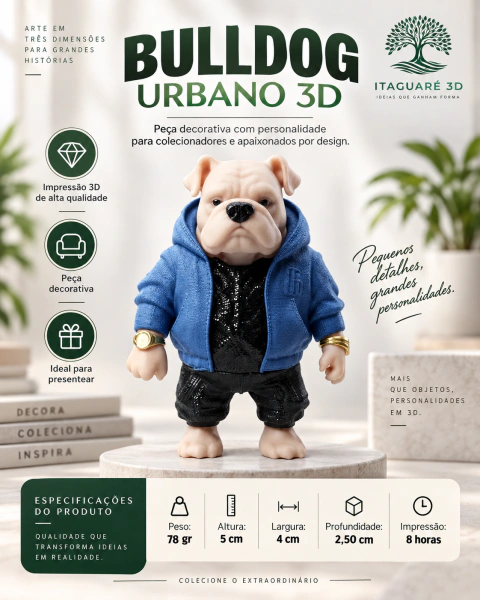 Bulldog Urbano 3D com Jaqueta Azul Decorativo
