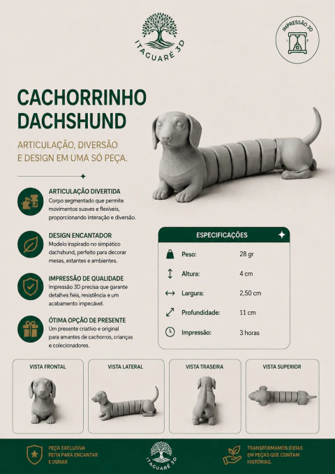 Cachorro Salsicha Articulado 3D Dachshund Colecionável