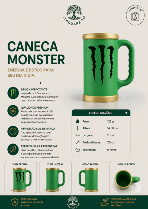 Caneca Porta-Lata Energético Monster com Alça 3D