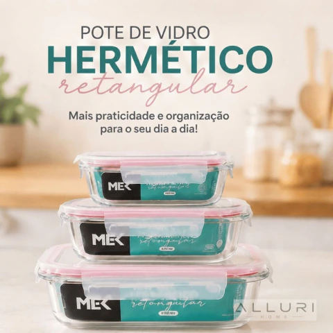Kit Marmitas de Vidro Herméticas Retangulares 370ml + 630ml + 1000ml | Tampa com Trava e Vedação