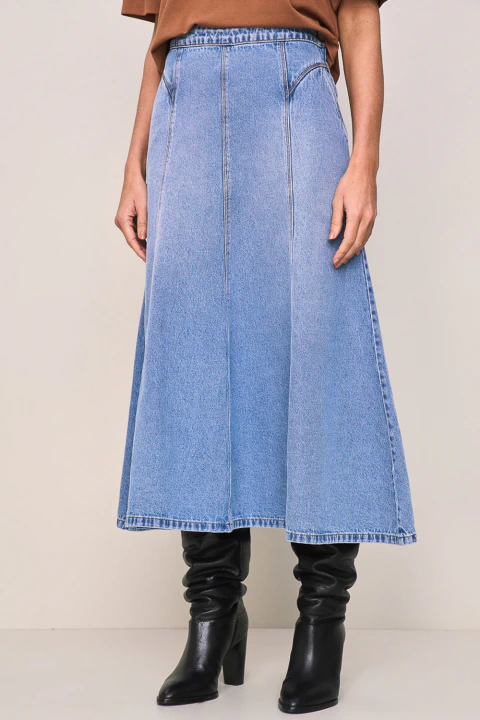 SAIA MIDI LADO AVESSO JEANS AZUL MEDIO