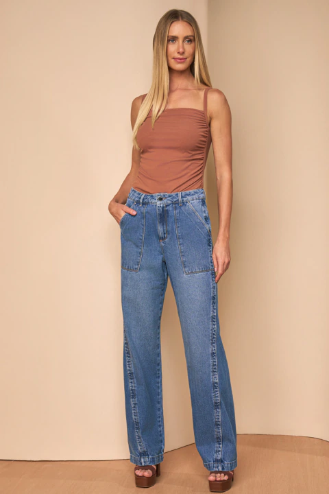 CALCA FEM WIDE LEG LADO AVESSO JEANS AZUL