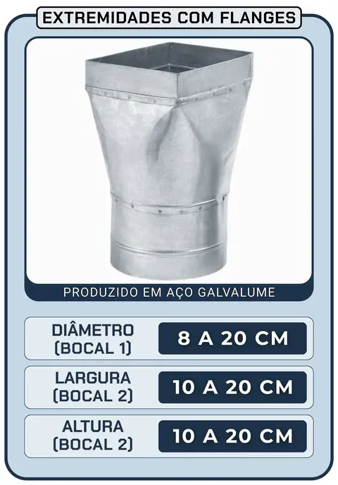 Adaptador Retângulo Para Redondo - 8 a 20 cm (Diâmetro) | Com Flanges