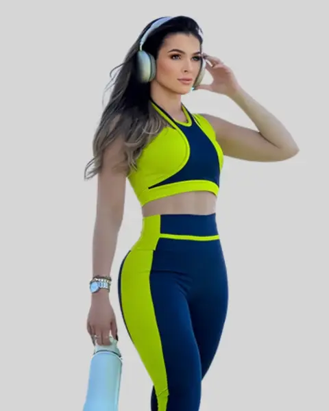 Conjunto Top e Legging Feminino em Poliamida - Azul e Verde