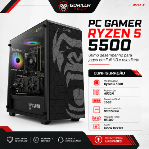 PC Gamer Ryzen 5 5500 RX 580, 16GBs SSD 240GB