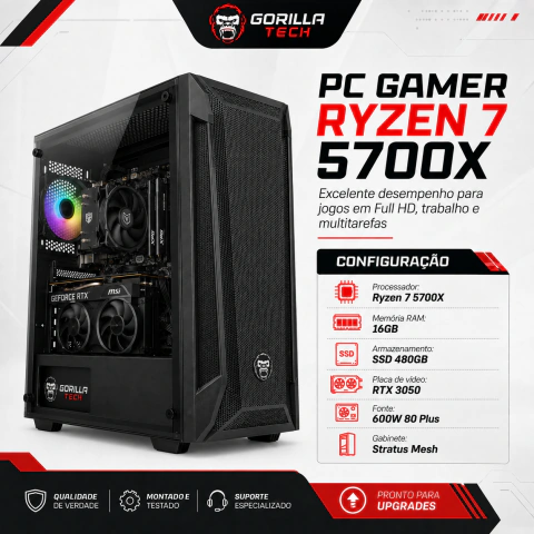 PC Gamer Ryzen 7 5700x RTX 3050, 16GBs SSD 480GB