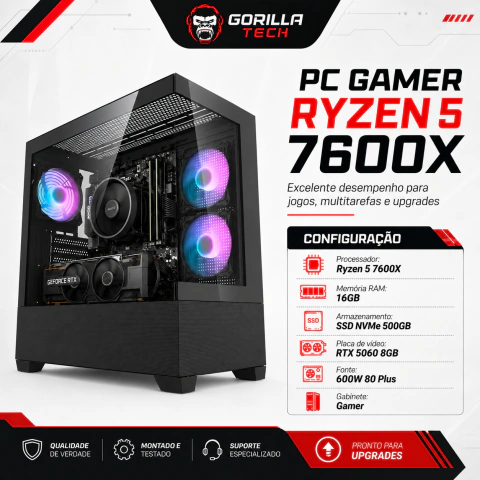 PC Gamer Ryzen 5 7600X RTX 5060, 16GBs SSD 500GBs NVME