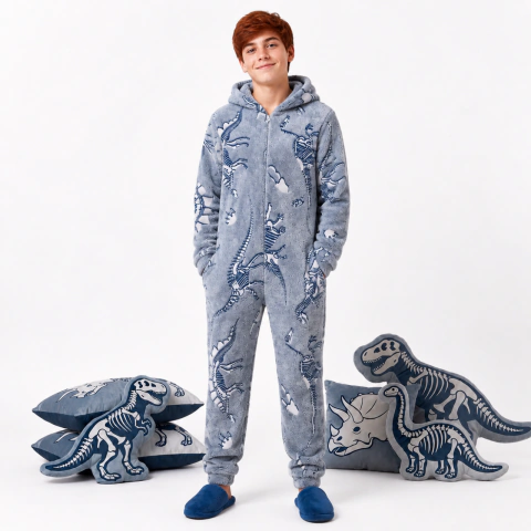 Macacão com Zíper Fleece Peluciado Dinossauros