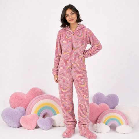 Macacão com Zíper Fleece Peluciado Arco-Íris