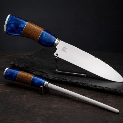 Kit Faca e Chaira Artesanais 10" Cabos em Resina Azul