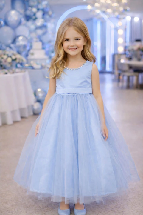 Vestido Infantil Festa Pérolas com Laço Azul