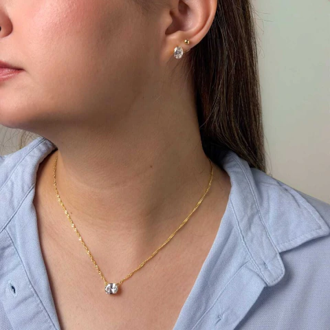 Conjunto Ponto de Luz Colar e Brincos Zircônia Cristal Oval Banhado em Ouro 18K