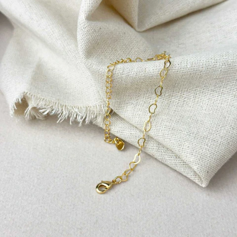 Pulseira Elos Corações Vazados Banhada Ouro 18K