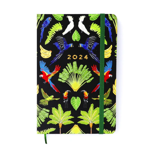 Agenda 2024 Planner Semanal Pássaros Floresta Tropical Preto Média