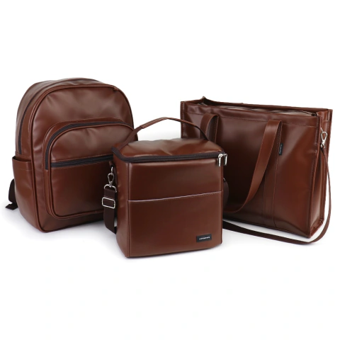 Kit Bolsa Tote Pro com Alça + Mochila Essential + Térmica Move Grande Marrom Cacau