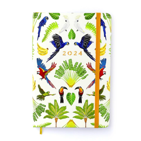 Agenda 2024 Planner Semanal Anotações Pássaros Floresta Tropical Branco Média