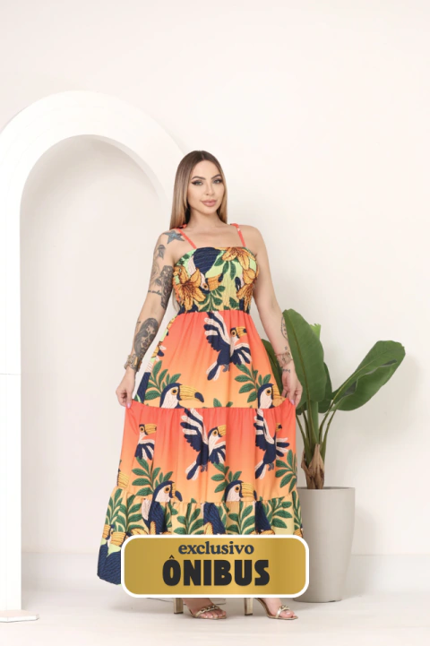 Vestido Longo Tropical com Lastex e Amarração - EXCLUSIVO ÔNIBUS