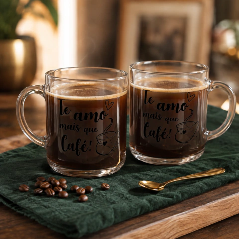 Conjunto 2 Canecas Vidro 'Te Amo Tanto Quanto Café' 220ml - Lyor