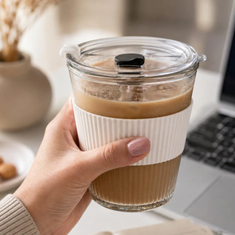 Copo de Vidro Canelado 350ml com Tampa Deslizante e Cinta de Silicone — Café Quente e Gelado — Wolff Mesa