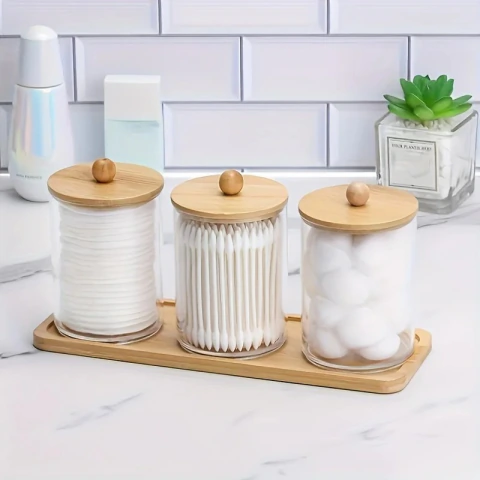 Conjunto Porta Algodão + Bandeja em Bambu Premium 4 Peças