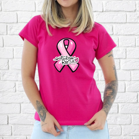 TSHIRT FEMININA ALGODÃO OUTUBRO ROSA LAÇO