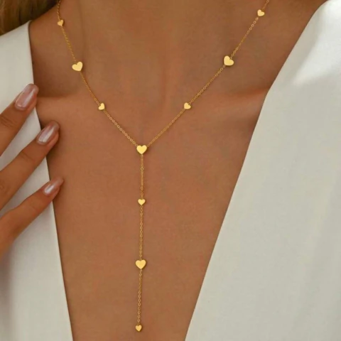 Colar Feminino Y com Corações - Corrente Fina Minimalista - Ouro