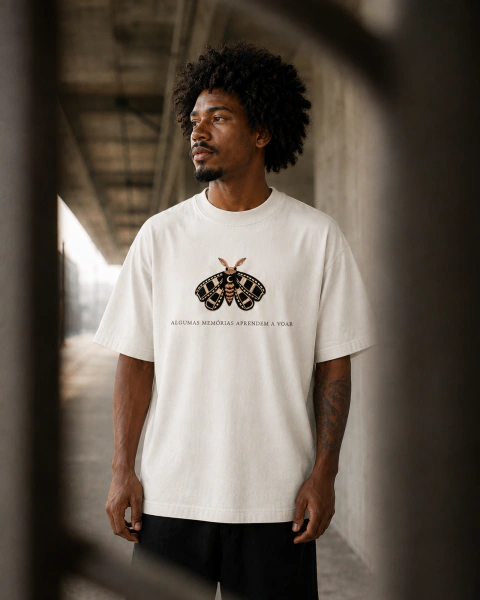 Camiseta oversized off-white Algumas Memorias Aprendem a Voar em foto editorial