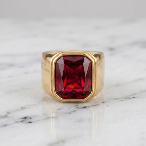 Anillo Sello Dorado en Acero Inoxidable Cristal Rojo