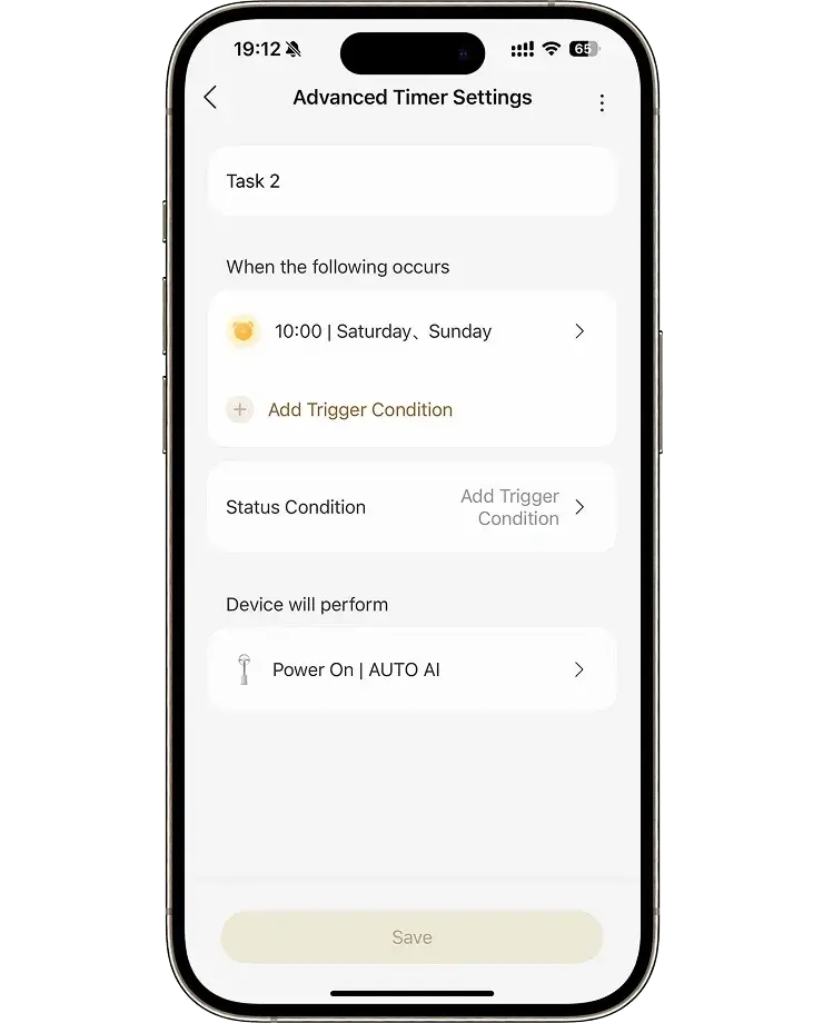 Dreame MF10 Ventilador sin aspas app: activador por tiempo enciende automáticamente el modo AUTO AI cada fin de semana a las 10:00.