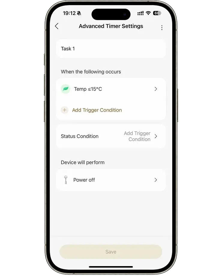 Dreame MF10 Ventilador sin aspas app: activador por temperatura apaga automáticamente el ventilador bajo el umbral configurado.