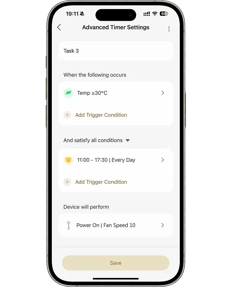 Dreame MF10 Ventilador sin aspas app: ejecución programada activa velocidad 10 a diario cuando la temperatura supera 30 °C, de 11:00 a 17:30.