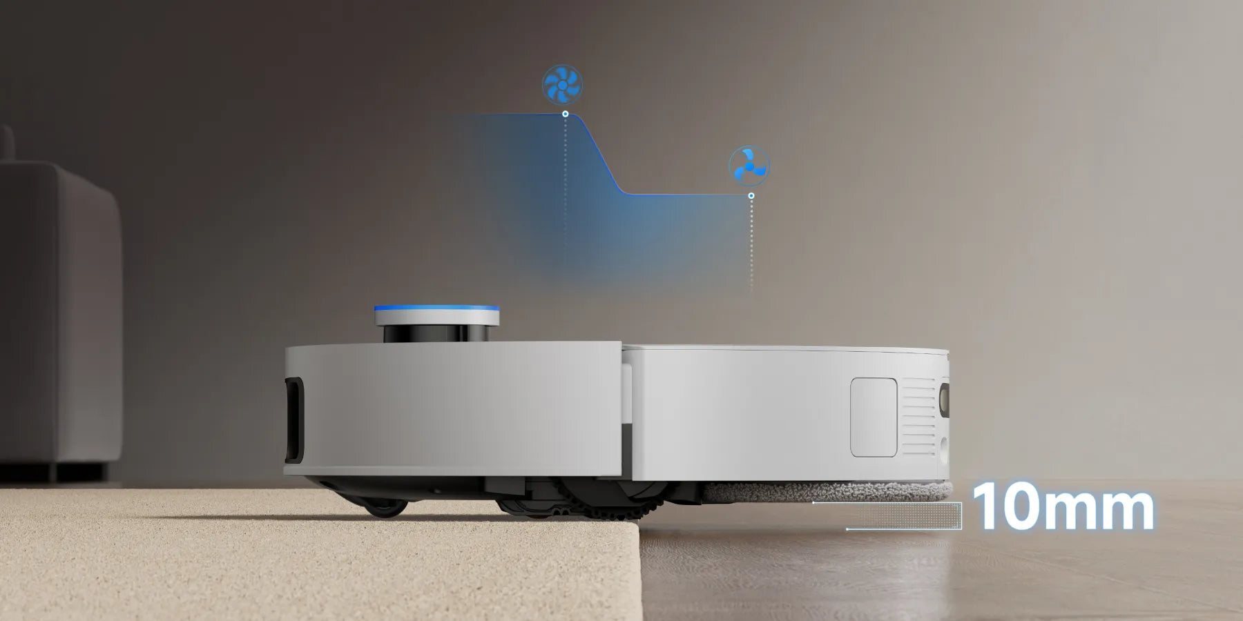 Robot aspirador con mopa levadiza para proteger las alfombras de la humedad
