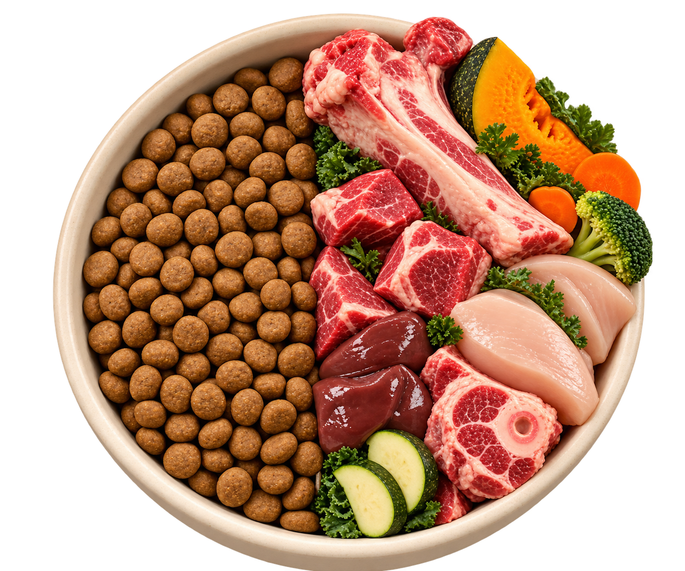 Bowl con balanceado de un lado y carne, huesos carnosos, vísceras y vegetales del otro