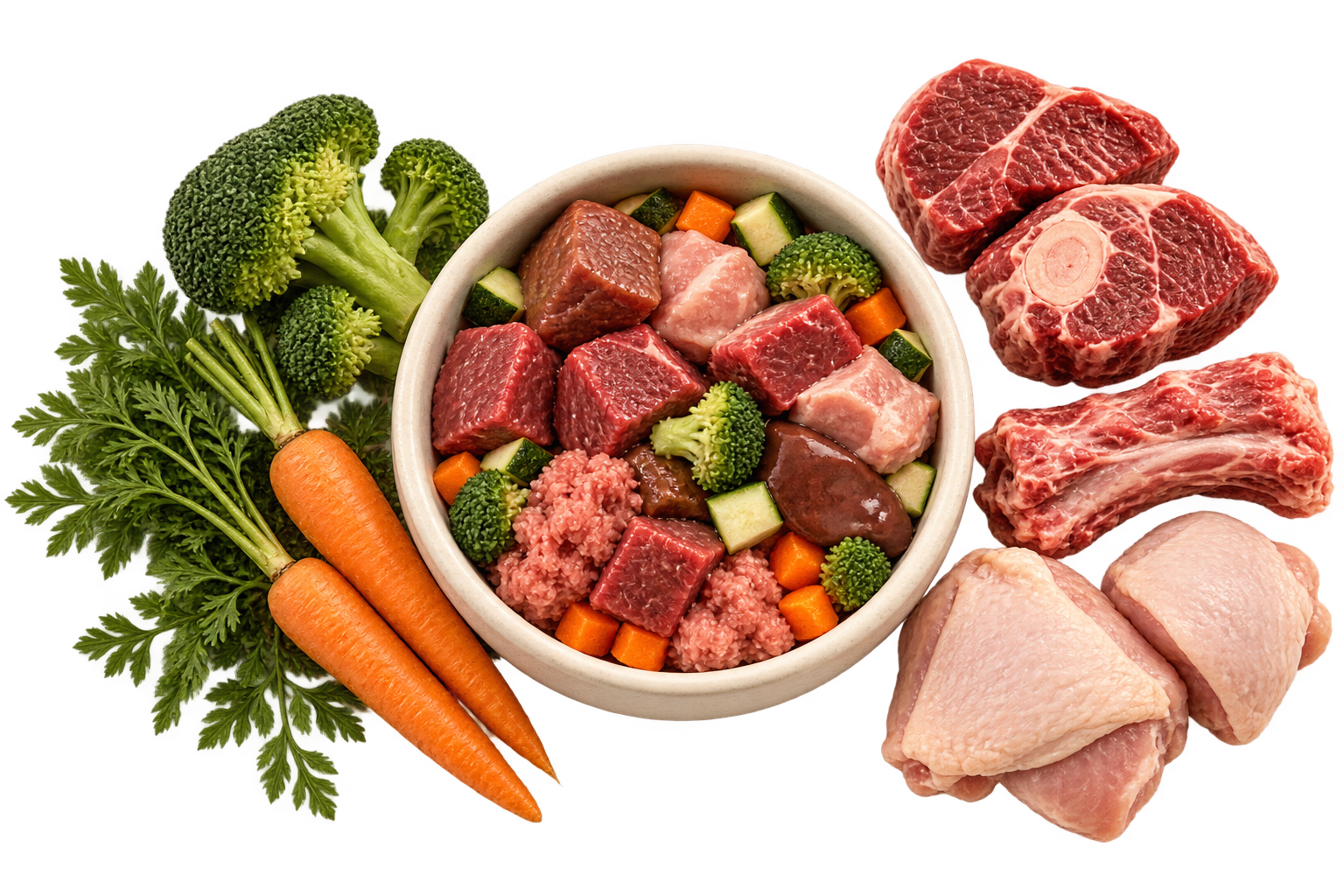 Bowl de alimentación BARF con carnes, verduras y huesos crudos
