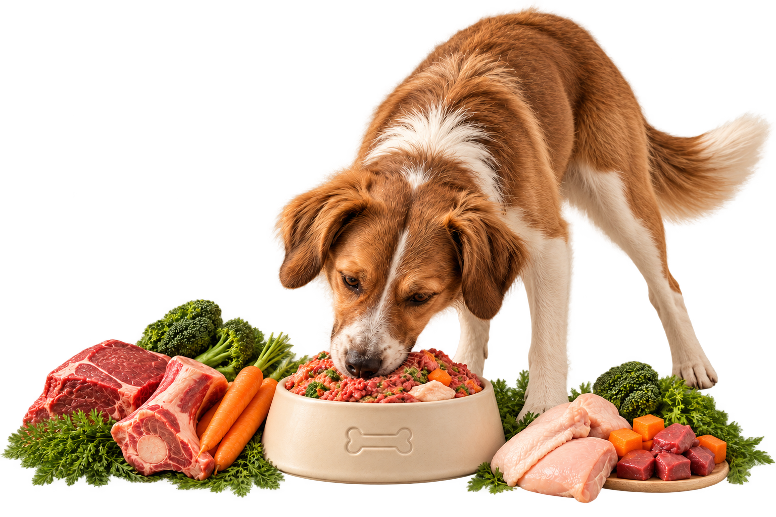 Perro comiendo de un plato con carne cruda, verduras y huesos carnosos