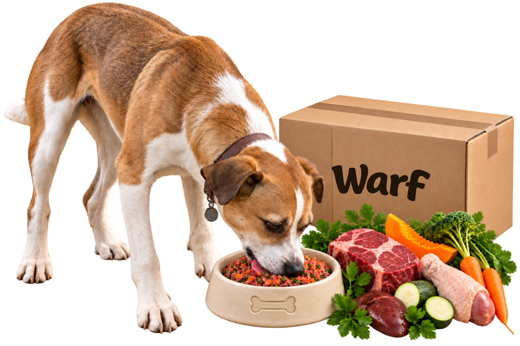 Perro comiendo junto a ingredientes frescos