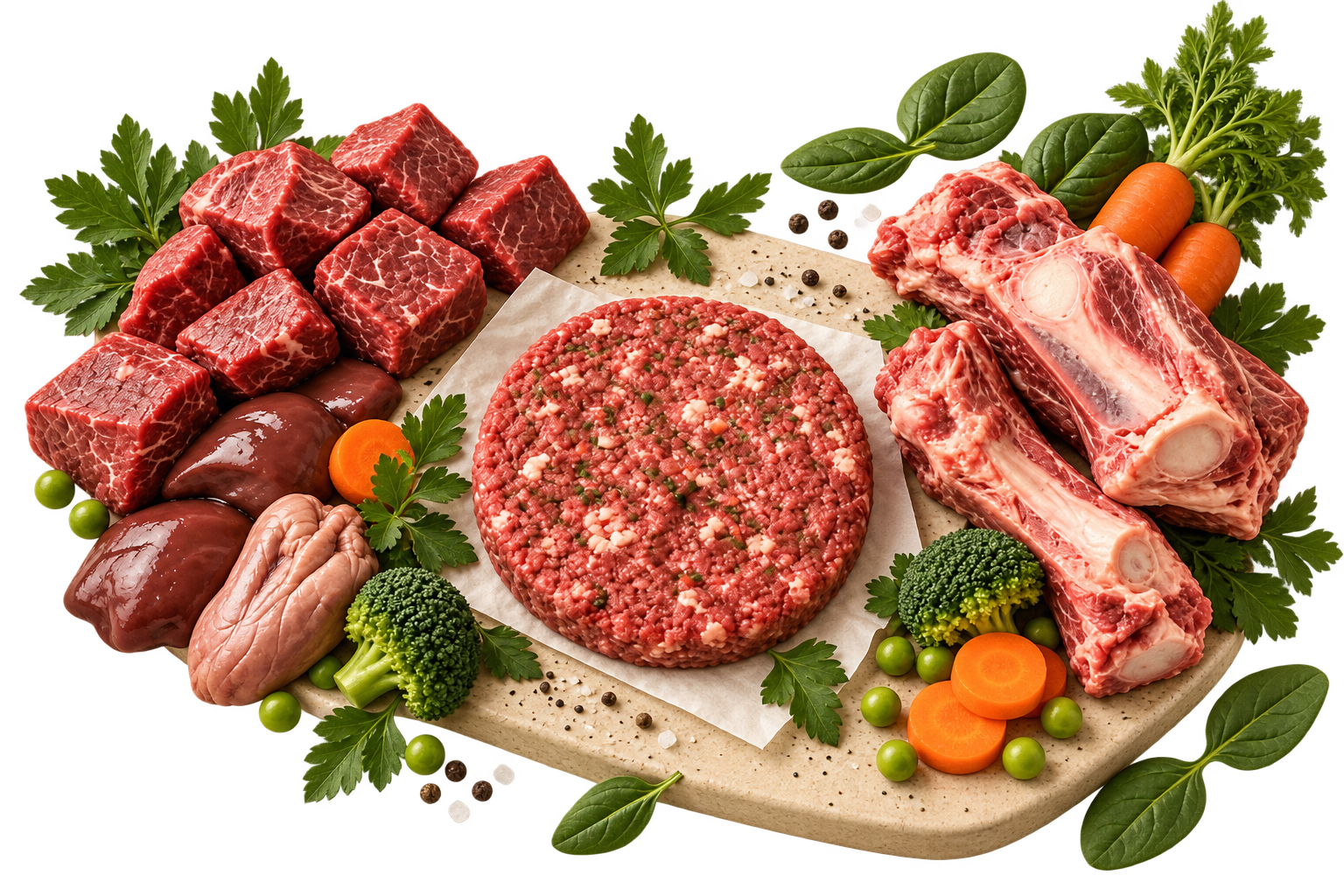 Medallón Warf de carne cruda con huesos carnosos, vísceras y vegetales